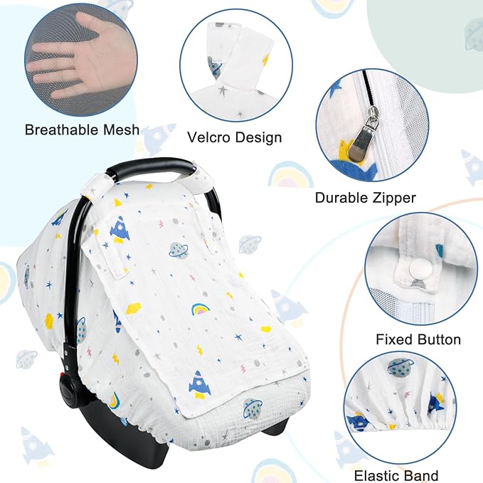 Hooyax Muslin Car Seat Cover Baby, Summer Car Seat Covers for Babies, Infants, and Newborns, Ultra Soft Breathable Universal Fit Stroller Carseat Canopy Covers for Boys Girls (Planet)