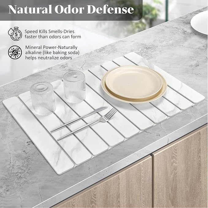 Large Stone Dish Drying Mats for Kitchen Counter, 24"(L)×16"(W) Fast Drying Collapsible Dish Drying Mat, Eco-Friendly Absorbent Diatomaceous Earth Mats for Dishes Bottles Cups, Marble-Pattern