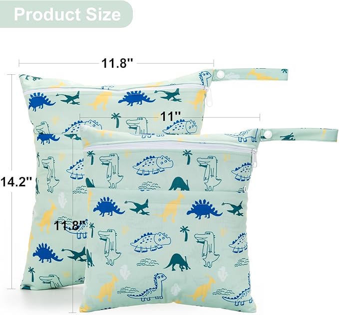 2 Pack Wet Dry Bags Waterproof Washable Travel Bags, Wet Bag with 2 Zippered Pockets for Diapers, Daycare, Bathing, Travel, Beach, Wet Swimwear, Yoga Gym