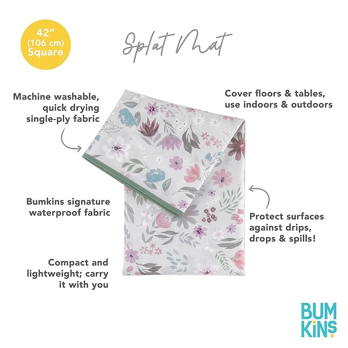 Bumkins Baby Splat Mat for Under High Chair, Babies Toddlers Eating Mess Mat, Waterproof Reusable Cloth for Arts and Crafts, Playtime Mat for Kids, Floors or Tables, Fabric 42inx42in, Floral Gray