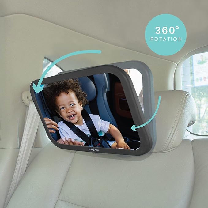 Lulyboo Large Baby Car Mirror with 360 Rotation & Adjustable Straps, Extra Wide Rear Facing Mirror for Safe Driving, Fits All Headrests, Black