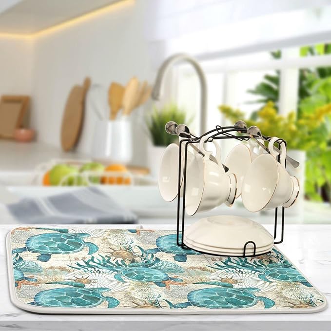Absorbent Dish Drying Mat for Kitchen Counter - Sea Ocean Turtle Blue Microfiber Drying Pad, Reversible Drainer Mats for Countertop, Large 18" x 24"