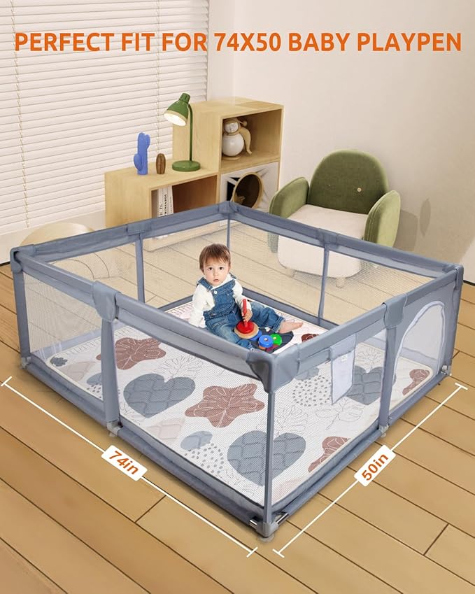 74x50 Playpen Mat Foam Thick, Large Baby Play Mat for Babies Kids Toddlers Infants Floor Crawling, Washable Cushioning Padded Baby Playmat for Indoor Outdoor, Gift for Boys Girls, Boho Leaf
