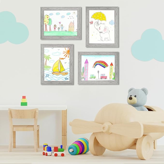 [2-Pack] Kids Art Frames, 8.5x11 Front Opening Kids Artwork Frames Changeable, Grey Wood Grain Artwork Display Storage Frame for Wall, Holds 50 Pcs, for 3D Picture, Crafts, Children Drawing, Hanging