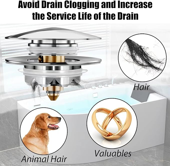 Bathtub Drain Stopper, Pop Up Tub Stopper and Cover, Bottom with Hair Catcher, Universal for 1.45 to 1.8 in Drain, Replaces Old Drain Plug, Chrome Silver