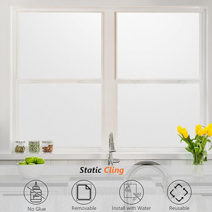 Kromapolis Window Privacy Film Frosted Glass Window Film, Heat Blocking Privacy Film for Glass Windows, Static Cling Non-Adhesive Frosting Window Stickers for Door Home (Frosted, 35.4 x 78.7 inch)