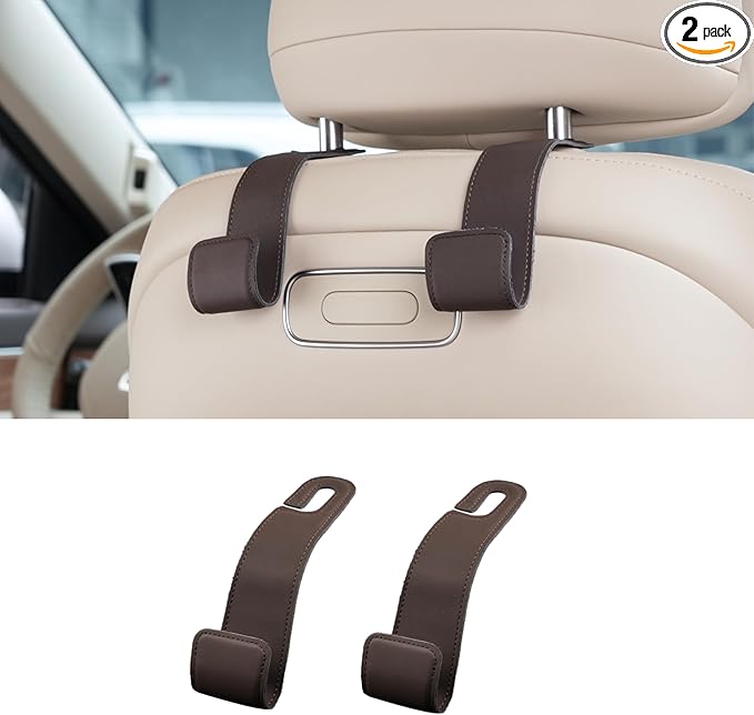 Purse Holder for Car, 2 Pack Upgraded Car Seat Hooks for Hanging Purse and Bag, Leather Headrest Hooks for Car Back Seat, Car Organization Accessories (Brown)