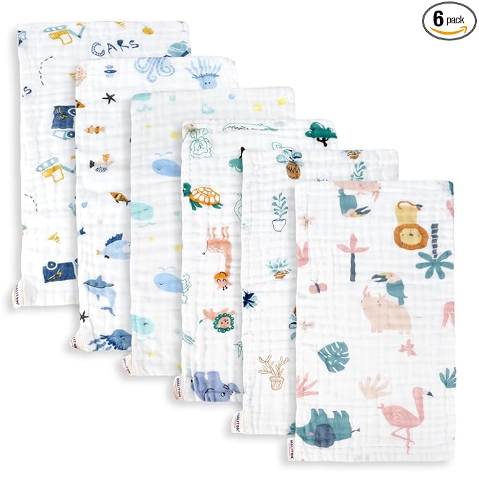 Maliton Muslin Baby Burp Cloths 6 Pack Large 20''x10'' 100% Cotton Burp Rags Absorbent and Soft 6 Layers Muslin Cloth Baby Essentials for Newborn(Zoo Pattern, Pack of 6)