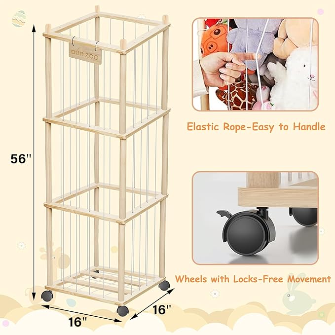 yofit 56 Inch Toy Organizer and Stuffed Animal Storage with Wheels - Zoo Storage Tower with Removable Dust-Proof Cover & Elastic Bands | for Playroom, Bedroom, Living Room Organization