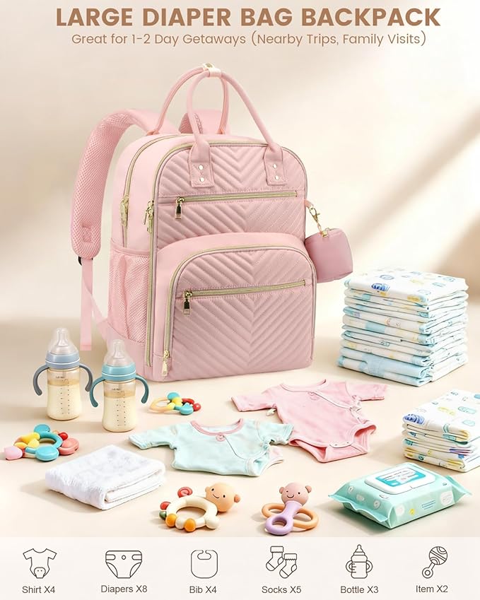Pritent Diaper Bag Backpack,Baby Essentials Diapers Bag with Pacifier Case,Multipurpose Stylish Large Capacity Travel Backpack for Baby Girl/Boy(L-Pink)
