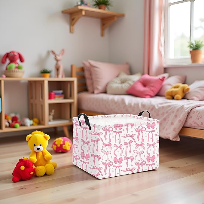 TIBAOLOVER Rectangular Kids Storage Basket for Home Kitchen Girls Cute Storage Bin Organizer Shelf Book Room Decor(Pink Bowknot)