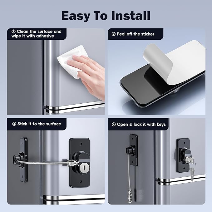 2 Pack Refrigerator Door Lock with Adhesive, No Tools Required, Child Proof Fridge Door Lock for Kids and Pets, Self Adhesive Latch for Freezer, Cabinets, Drawers, Windows (Patent)