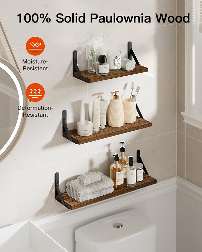 AMADA HOMEFURNISHING Wall Shelves Set of 6, Rustic Farmhouse Floating Shelves for Bedroom, Bathroom & Living Room, Brown