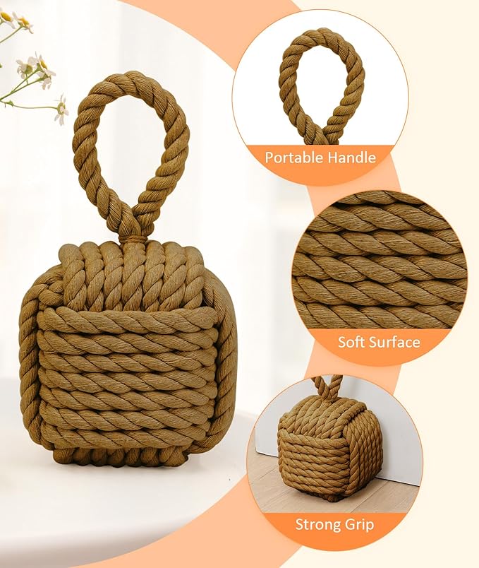 Decorative Door Stoppers - Cute Rope Knot Design, Heavy Duty Weighted Doorstop with Inside Mount for Home & School, Khaki