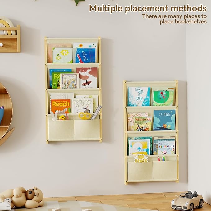 Wood 4-Tier Wall Mounted Kids Bookshelf – Floating Book Shelf For Kids Rooms,Nursery & Classroom, Hanging Bookcase Organizer For Books, Toddler Book Shelf, Montessori Bookshelf, Nursery Shelves