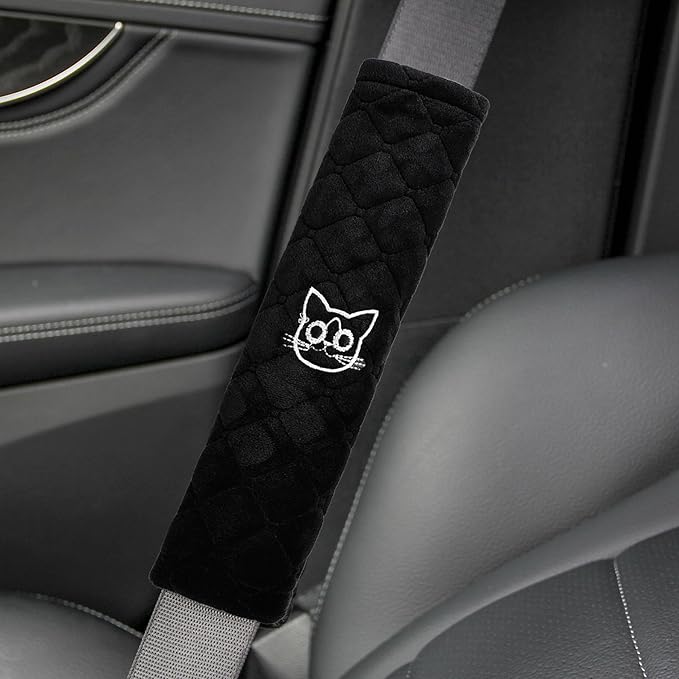 Amooca Soft Auto Seat Belt Cover Seatbelt Shoulder Pad Cushions 2 PCS for a More Comfortable Driving Universal Fit for All Cars and Backpack Black Cat