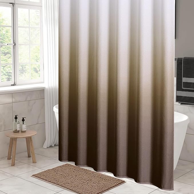 MitoVilla Brown Ombre Waffle Fabric Shower Curtain, Modern Waffle Weave Textured Shower Curtains for Luxury Rustic Bathroom Decor, Vintage Weighted Bathroom Shower Curtain, 72 x 72