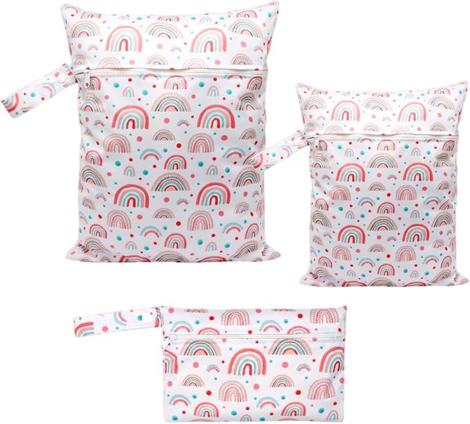3pcs Cloth Diaper Wet Dry Bags Waterproof Reusable with Two Zippered Pockets Travel Beach Pool Daycare Soiled Baby Items Yoga Gym Bag for Swimsuits or Wet Clothes