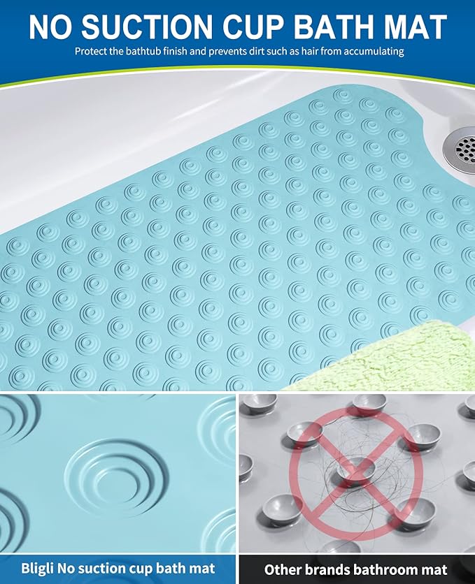 Bligli Bathtub Mat Non-Slip Without Suction Cups, 39x16inch Extra Long Bath Mats for Shower Bathroom, Machine Washable Natural Rubber Shower Tub Mat (39x16inch, Sky Blue)