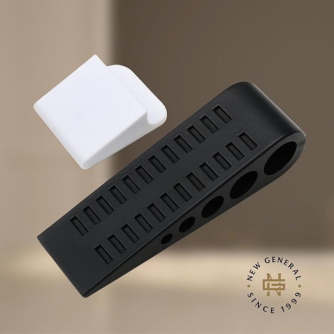 Door Stoppers (3 Pack), Heavy Duty Rubber Door Stopper Wedge for Bottom of Door on Floor, Non-Slip Stackable Door Stops for Carpet & Hard Floors, Includes Storage Holder/Bracket - Black - 3-Pack