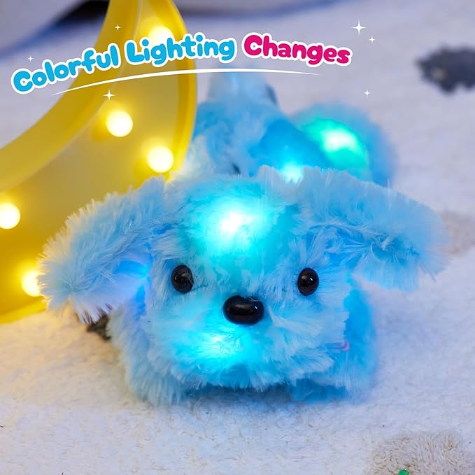 WEWILL 10'' Light up Blue Puppy Dog LED Stuffed Animal with Colorful Night Light Glow Soft Plush Toy Gifts for Kids on Christmas Birthday