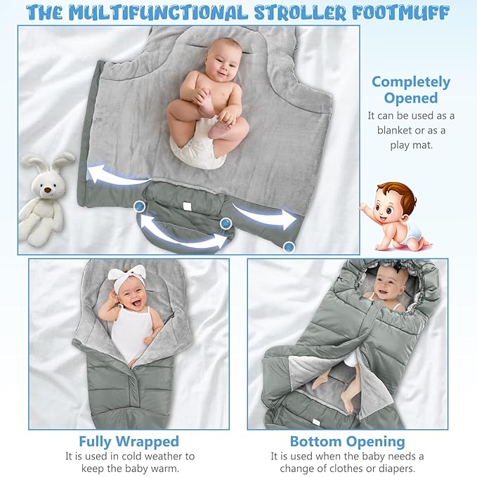 Universal Baby Footmuff for Strollers,Stroller Cover for Winter with Hooded Design,Waterproof and Windproof Winter Sleeping Bag with Coral Fleece Lining, Baby Bunting Bags for Most Strollers (GREY)
