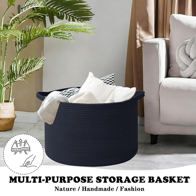 Large Storage Basket with Handle,23.6" x 23.6" x 15.7" Blanket Basket Storage Bins for Organizing,115L Cotton Rope Woven Baskets for Living Room, Nursery,Bedroom,Navy