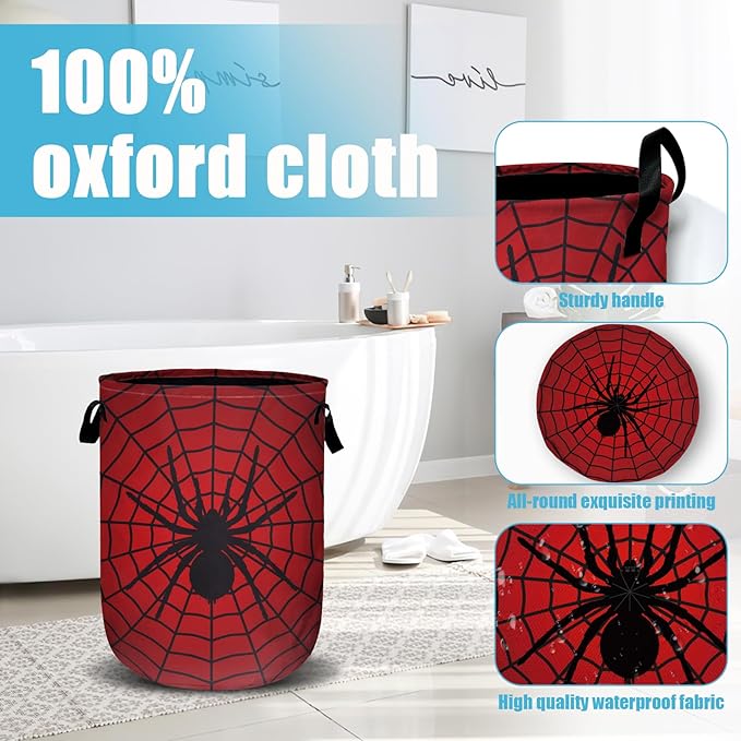 Red Spider Web Laundry Basket, Laundry Hamper Collapsible Oxford Cloth with Handle Clothes Toy Storage Bin for Bathroom Laundry Room Bedroom 15.7 X 20 Inch