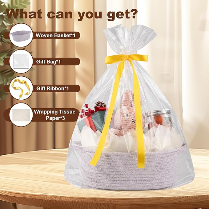 OIAHOMY Gift Basket with Handle, Small Woven Basket with Gift Bag, Ribbon and Wrap Tissue Paper, Nursery Bins Empty to Fill with Small Items, Baby, Pet Toy Organizer - Purple