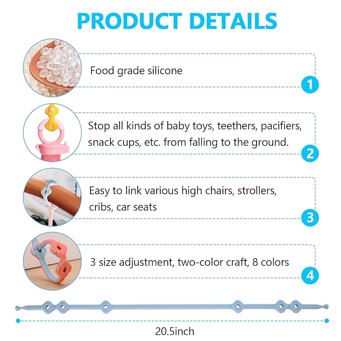 Toy Safety Straps 4PK Stretchable Silicone Pacifier Clips Baby Toddler Teether Bottle Harness Straps for Strollers,High Chair,Shopping Cart,Cribs,Exersaucer