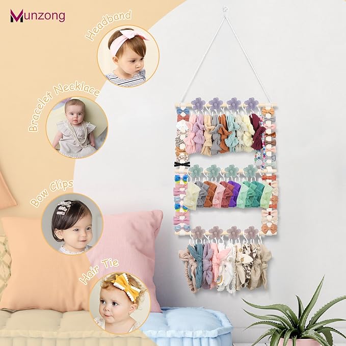 Munzong Headband Holder,Beige Bow Organizer for Baby Girls, Nursery Wall Hanging Clip Storage w/ 30 Hooks, Hair Accessories Organizer Rack Shelf for Toddler Kids Room Decor 15x20inch