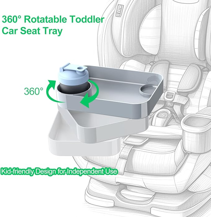 (2 Pack) Car Seat Tray for Kids Travel, Carseat Tray for Food Toddler, Car Seat Table Tray, Car Seat Cup Holder Snack Tray for Graco, Evenflo, Chicco, Rotatable Removable Road Trip Essentials-Gray