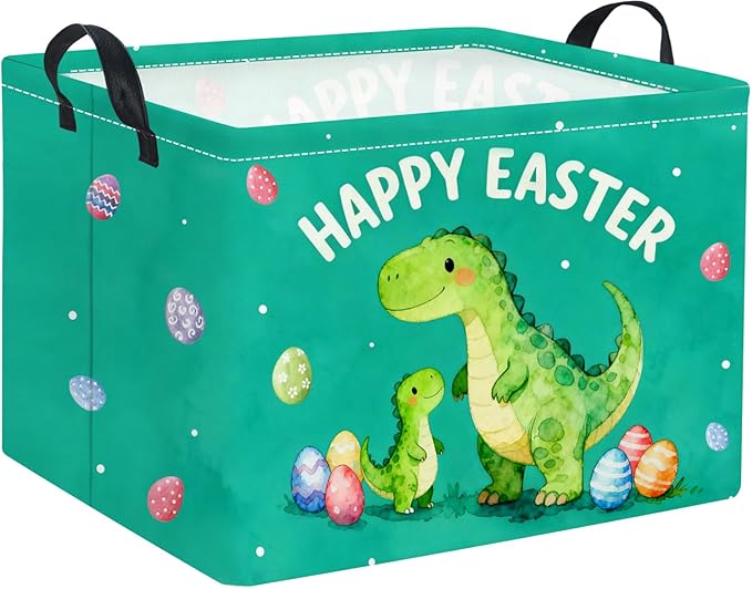 TIBAOLOVER Rectangular Easter Basket Baby Storage Basket with Handles for Home Kitchen Boys and Girls Cute Storage Bin Organizer Shelf Book Room Decor(Green Dinosaur)