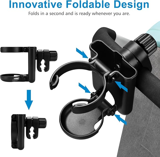 Accmor Stroller Cup Holder with Phone Holder, Foldable Universal Cup Holder, 360 ° Rotatable Bottle Holder for Stroller, Bike, Wheelchair, Walker, Scooter