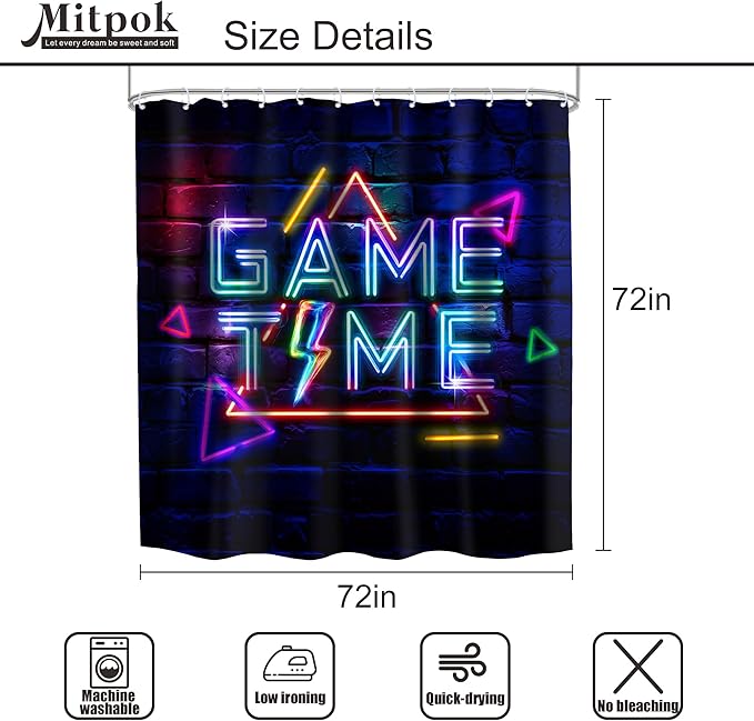 4 PCS Game Time Shower Curtain Set 72Wx72H Funny Neon Gaming Boys Children Bathroom Set Non-Slip Bath Rug Toilet Lid Cover U Shape Mat Complete Bathtub Accessories with 12 Hooks Bathroom Decor