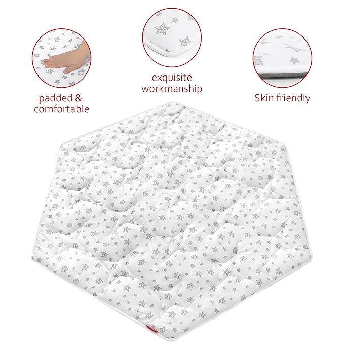 Hexagon Playpen Mat Compatible with POP 'N GO Baby Playpen, 59 Inch Hexagon Playpen Mattress Pad, Non Slip and Padded Play Mat White with Star Print