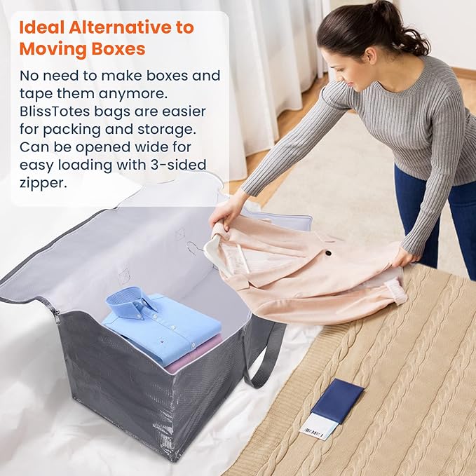 BlissTotes Large Moving Boxes and with Zippers & Handles Moving Supplies with lids, Heavy Duty Totes for Storage Bags for Space Saving, Fold Flat, Moving and Storing 76L, 6 Pack