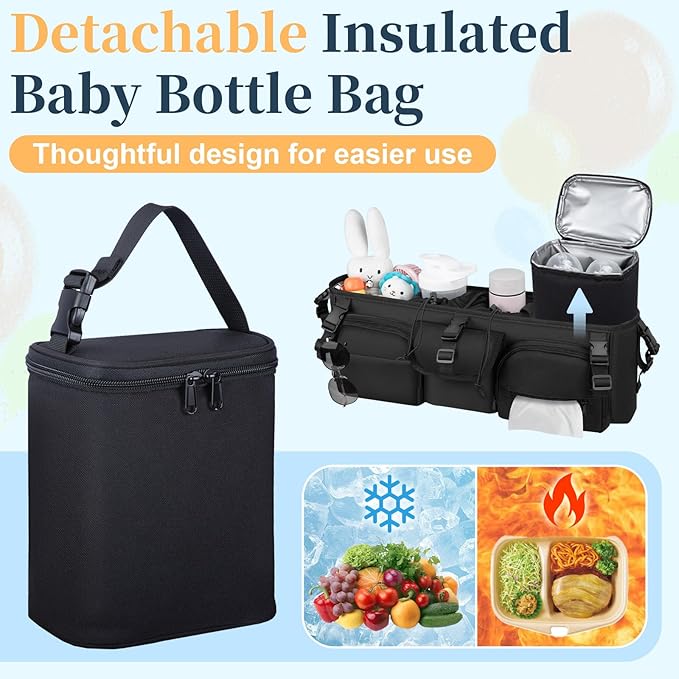 Double Stroller Organizer Compatible with Bob Duallie and Baby Jogger City Mini GT2, Double Baby Stroller Accessories with Cooler Bag, Parent Console Double Jogging Stroller Caddy with Cup Holder