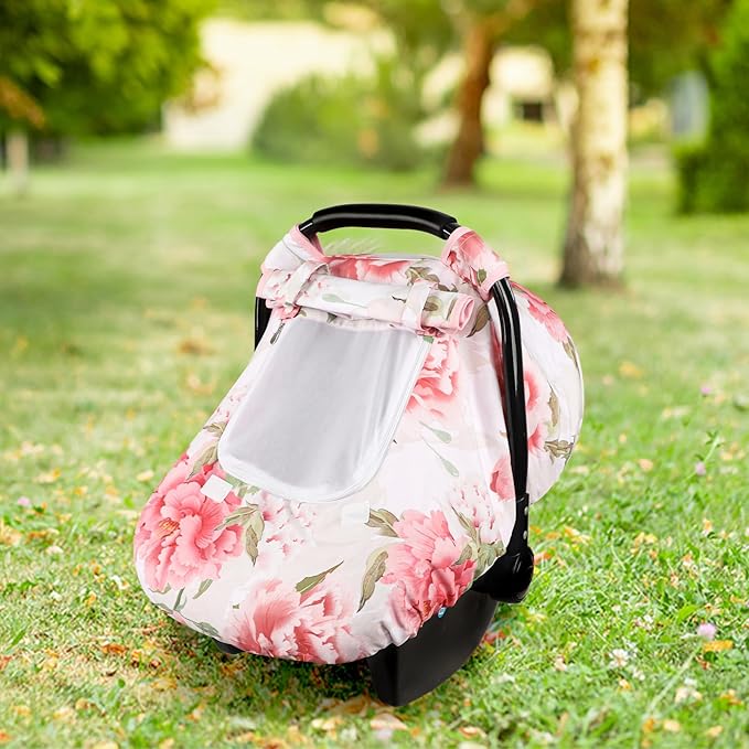 Car Seat Cover Baby, HNHUAMING Infant Car Seat Covers Canopy for Baby Girl Boy, Cozy & Windproof Newborn Carseat Covers Mink Dot Backing Stroller Cover with Breathable Mesh Window, Pink Flower