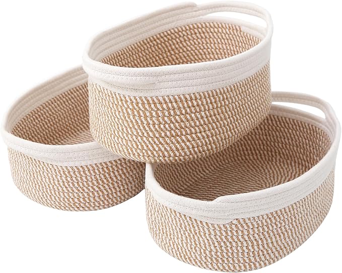 JMvicyroam Woven Basket,Small Rope Storage Bin with Handles & Ribbon Bag, Organizer for Shelves Closets,Gift Basket Empty for Birthday,Books,Dog Toys, White&Brown Block/3 Pack