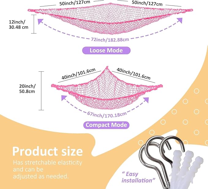 Lazebox Stuffed Animal Net Hammock for Plushie Toys, Stuffed Animal Hammock Corner for Kids' Room Decor, Ideas for Organizing Stuffy Collection, Pink, L (67" x 40" x 40")-Pack of 2