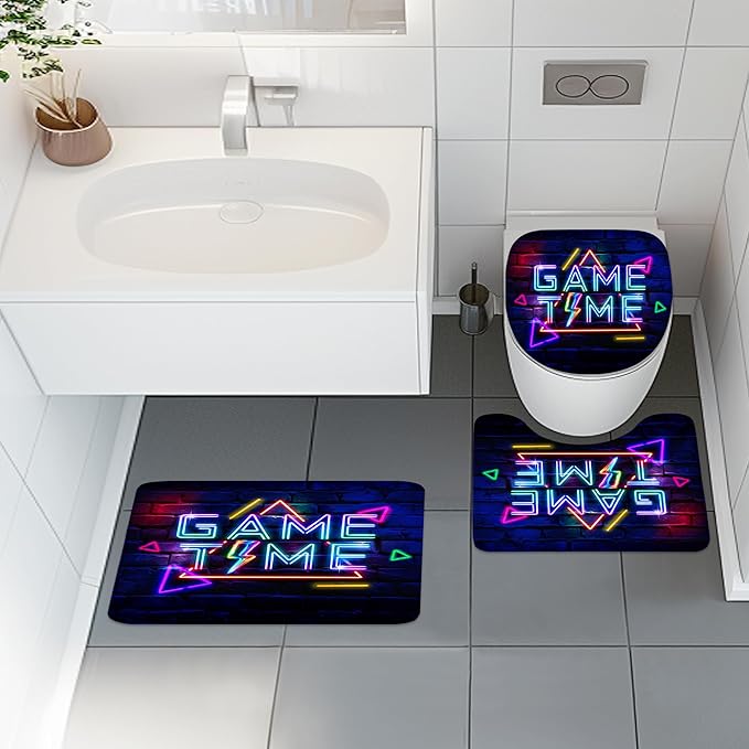 4 PCS Game Time Shower Curtain Set 72Wx72H Funny Neon Gaming Boys Children Bathroom Set Non-Slip Bath Rug Toilet Lid Cover U Shape Mat Complete Bathtub Accessories with 12 Hooks Bathroom Decor