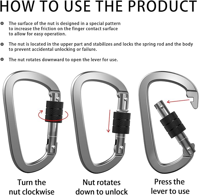 XIECHANEE Premium Aluminum D Ring 4" Locking Carabiner Clips with Screw Gate, Set of 4, Lightweight & Durable for Hiking, Camping, Hammock, Dog Leash Harness, Keychains