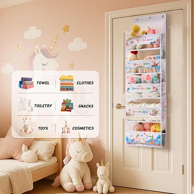 WERNNSAI Unicorn Over the Door Organizer, 5 Large Pockets Hanging Organizer with 10 Mesh Side Pockets, Storage Toy Diaper Baby Essential, Baby Nursery Storage for Girl Bedroom Bathroom Playroom Decor