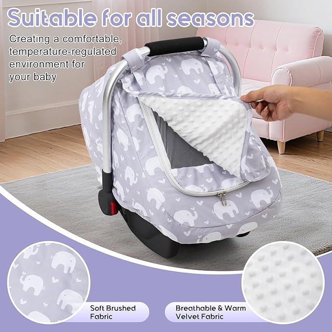 Baby Car Seat Cover, Mink Warm Infant Car Seat Cover for Girls Boys, Universal Carseat Cover with Mesh Peep Window & Sun Shade, Baby Carrier Canopy Cover for Winter Autumn