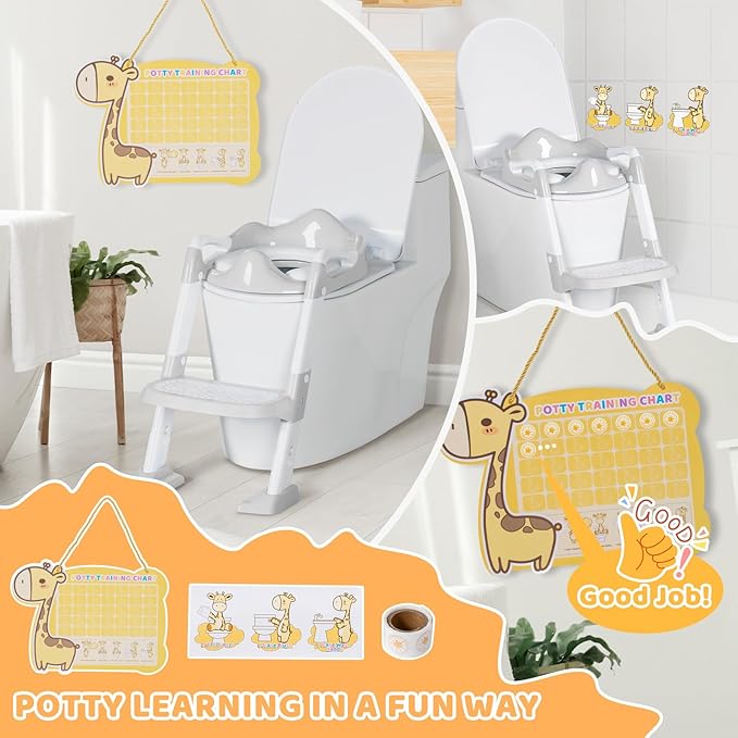 Potty Training Seat with Step Stool, Toddler Toilet Seat w/Ladder, Potty Training Chart, Splash Guard & Upgraded Non-Slip Pads, Kids Foldable Training Toilet Potty Chair for Boys Girls (Gray)