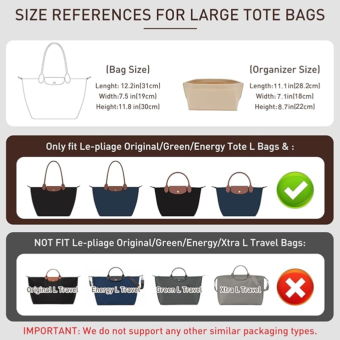 Premium Felt Purse Organizer Insert Compatible with Longchamp Le Pliage Large, Zipper Lightweight Long Champ Bag Organizer Insert with Cup Holder, 8 Compartments (Red,L)