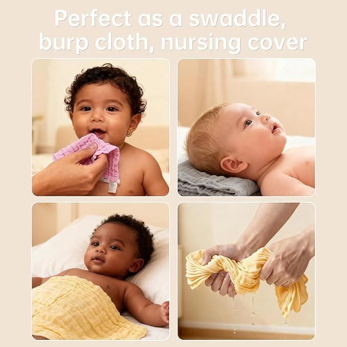 Bear Rocket Organic Muslin Baby Washcloths 6 Pack Baby Bath Face Towel 12x12 Inch Extra Absorbent and Soft Burp Cloth and Wash Cloths for Newborn-Infants On Sensitive Skin (Yellow Pink Grey)