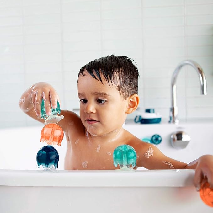 Boon Jellies Suction Cup Bath Toys - Bathtub Baby Sensory Toys - Jellyfish Suction Toys for Bath Time - Navy/Coral - Baby and Toddler Bath Toys - 9 Count - Ages 12 Months and Up