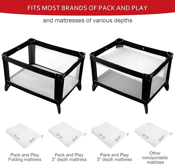 Pack and Play Mattress Pad Protector 2 Pack Waterproof, Cotton Fabric Absorbent, Soft Pack and Play Sheets, Fits Graco Play Yards, Baby Portable Mini Cribs. Foldable Mini Crib Sheets Cover